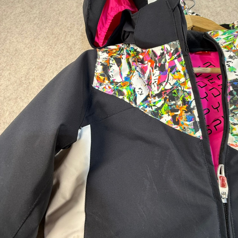Spyder Kids Ski Jacket Black White Pink Splatter Print Hooded Winter Coat Size 8 - Picture 4 of 8